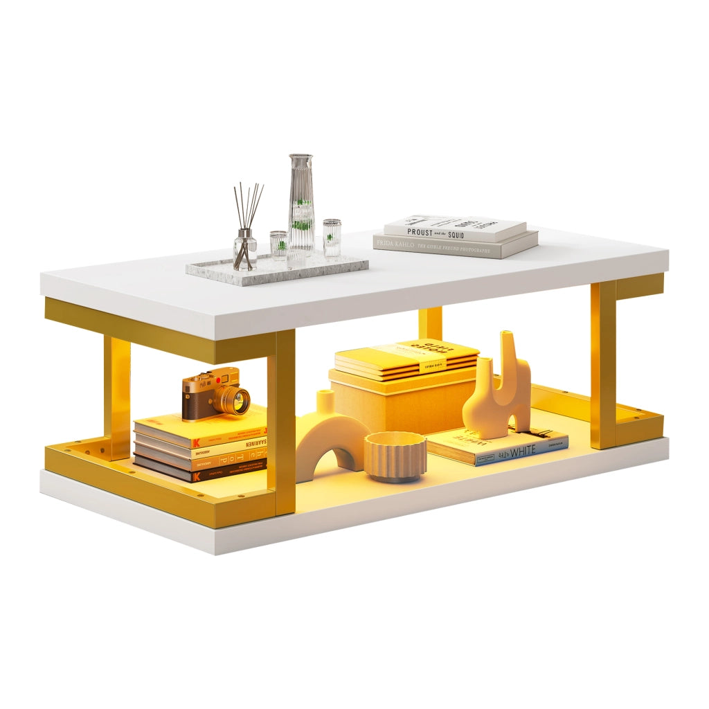 Tavolino da caffè con vano aperto e LED; per soggiorno; in MDF e metallo; 100×50×37.5 cm