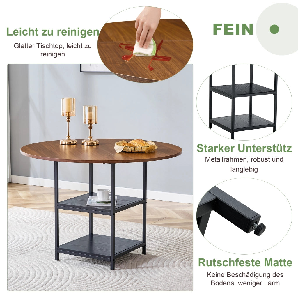 Tavolo da pranzo rotondo con diametro di 107 cm e doppio ripiano effetto noce, piano in MDF + struttura in metallo, adatto per 2-4 persone, perfetto p