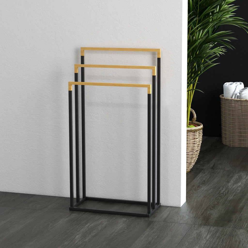 Portasciugamani a Terra con 3 Barre ¨C Xylo ¨C Bamb¨´ e Acciaio Nero 45x22,5x86 cm