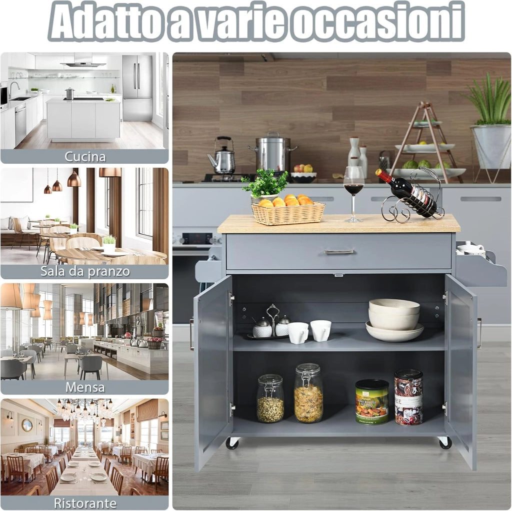 Carrello da Cucina con Ruote di Gomma, Scaffale per Microonde Carrello Servizio, Mobile Cucina con Ripiani e Ante, Credenza Cucina Legno Moderno Elegante, 116 x 37 x 85 cm (Grigio)