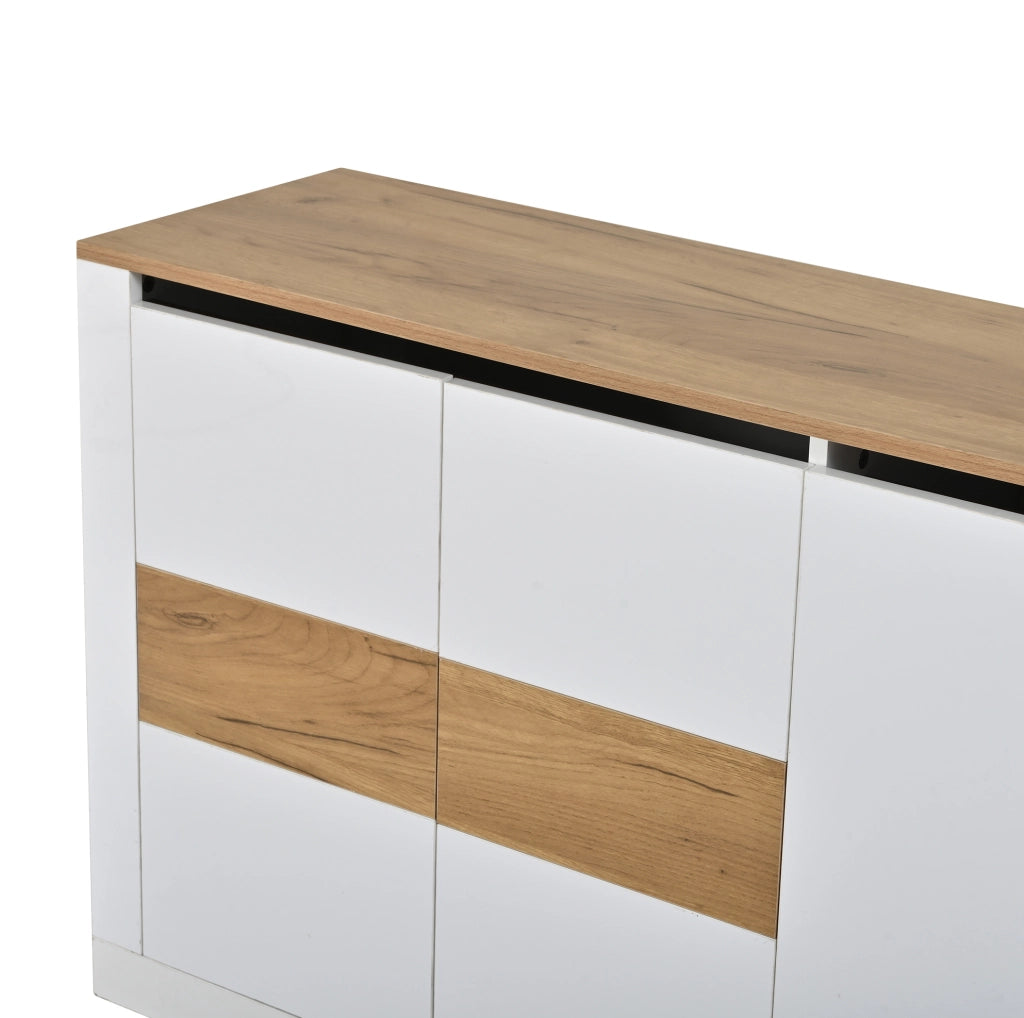 Sideboard moderno 140x35x70 cm in MDF con 4 porte e LED RGB; bianco e rovere naturale
