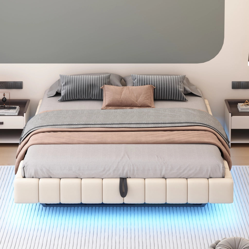 Letto matrimoniale imbottito fluttuante senza testiera; LED e contenitore a gas; lino beige; 180x200 cm; senza materasso