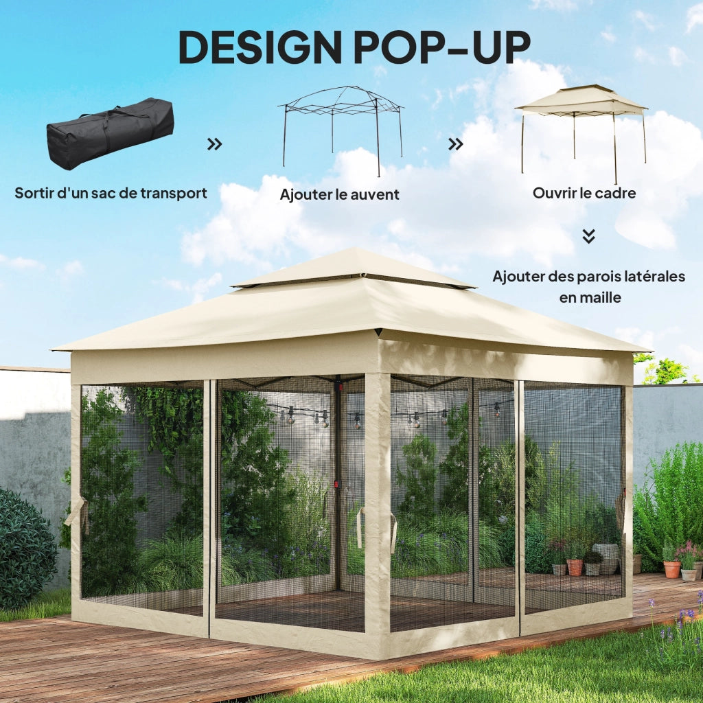 Gazebo pieghevole pop-up 3x3m ¨C Xylo ¨C metallo poliestere impermeabile anti UV con zanzariere crema
