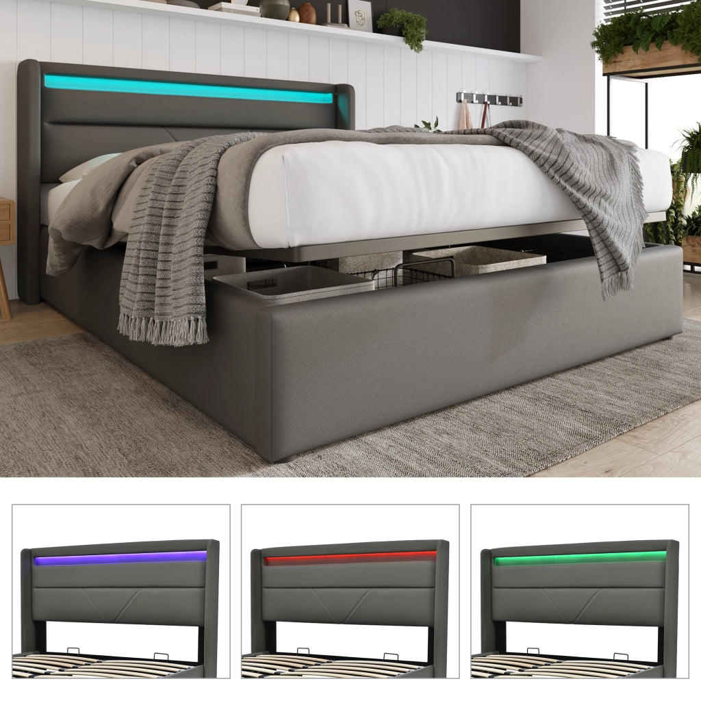 DESMIU Letto contenitore 140 × 200 cm 2 posti con LED regolabile e vano contenitore idraulico, senza materasso, in PU, grigio