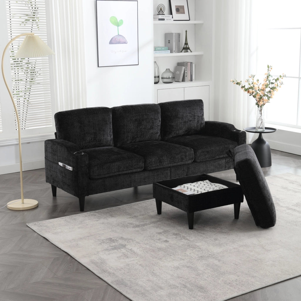 Divano 4 posti con pouf contenitore e portabicchieri 196;5x75x77 cm; chenille nero
