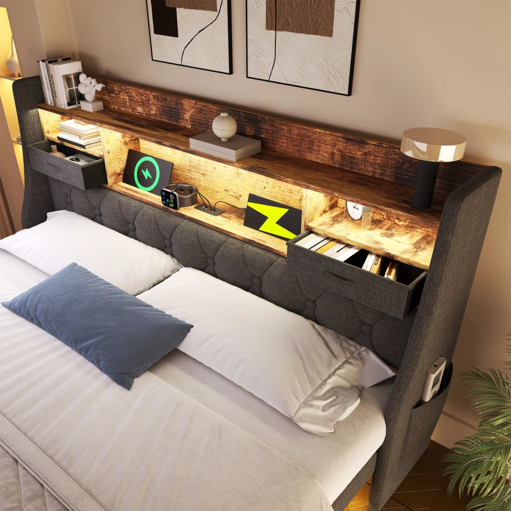 LETTO 140x200 cm in lino grigio con LED e porte USB Type-C