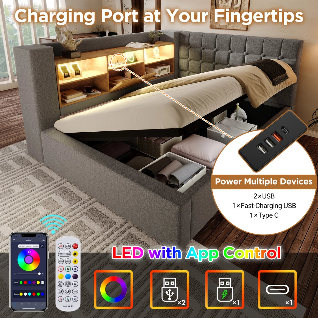 OKWISH Letto contenitore 90×190 cm, Letto singolo con LED, USB e Tipo C, Testiera a L reversibile, senza Materasso, in Lino, Grigio