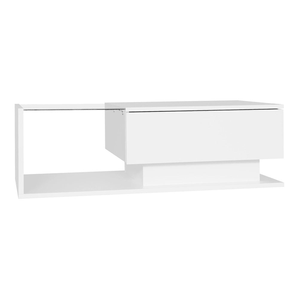 Tavolino da Caff¨¨ con Piano in Vetro e Cassetto, LED ¨C MINIMAL ¨C Bianco Lucido 100x50x32