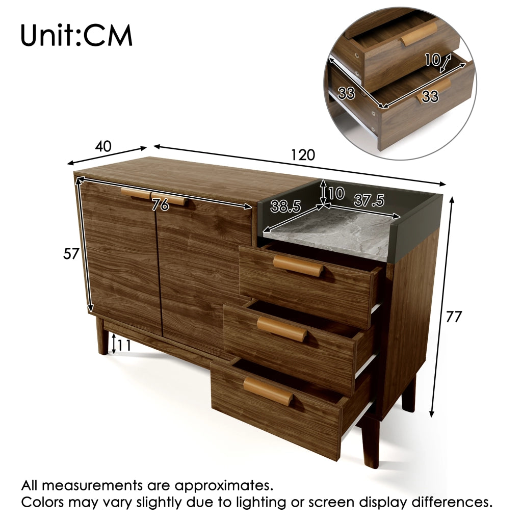 Credenza con 2 Ante; 3 Cassetti e 1 Vano Aperto; Ripiano Regolabile; per Soggiorno; in Legno e Metallo; 120 × 40 × 77 cm