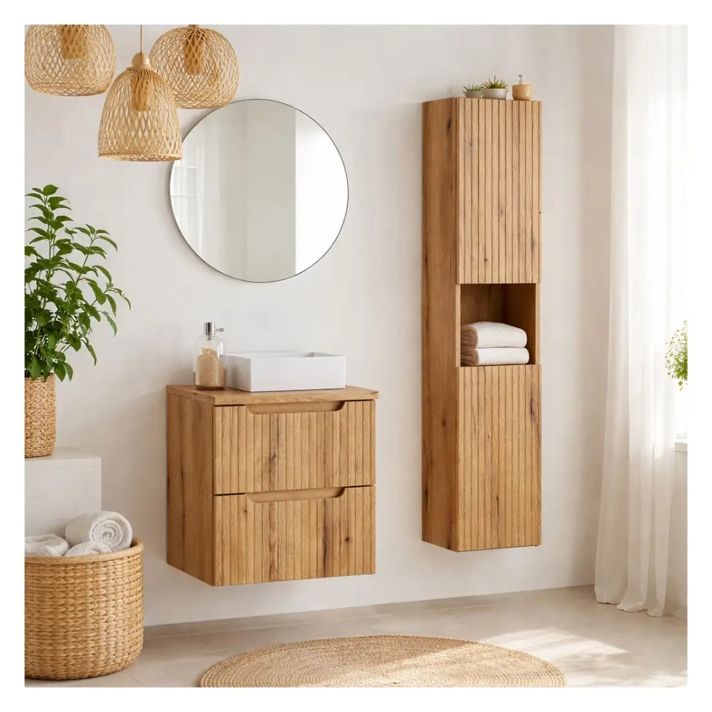 Insieme VANO rovere chiaro 80cm: mobile sotto lavabo con cassetti + piano per lavabo + lavabo rettangolare da appoggio + colonna