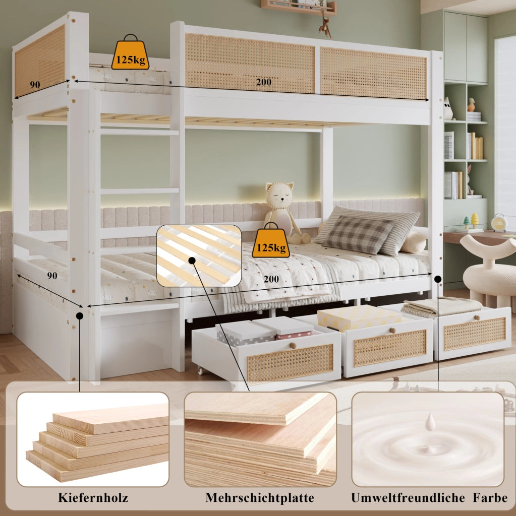 Letto a castello per bambini con 3 cassetti e scala a 4 gradini 90x200 cm