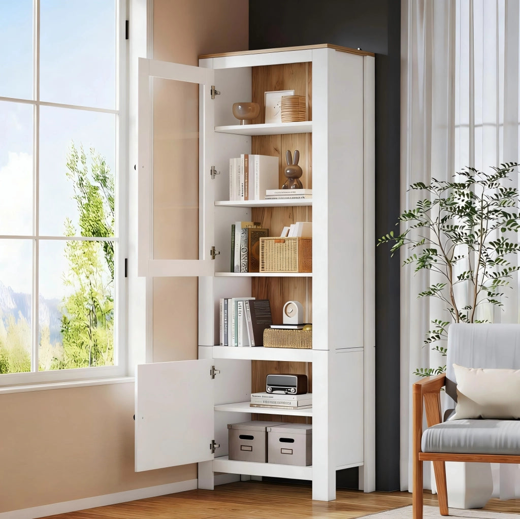 Vetrina 70x40x188 cm con 2 ante; LED e ripiani regolabili in truciolare e vetro bianco