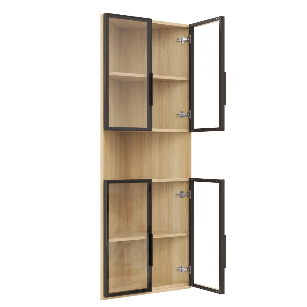Vetrina, mobile angolare, ante in vetro, illuminazione a LED, 62x32x160 cm, colore legno naturale