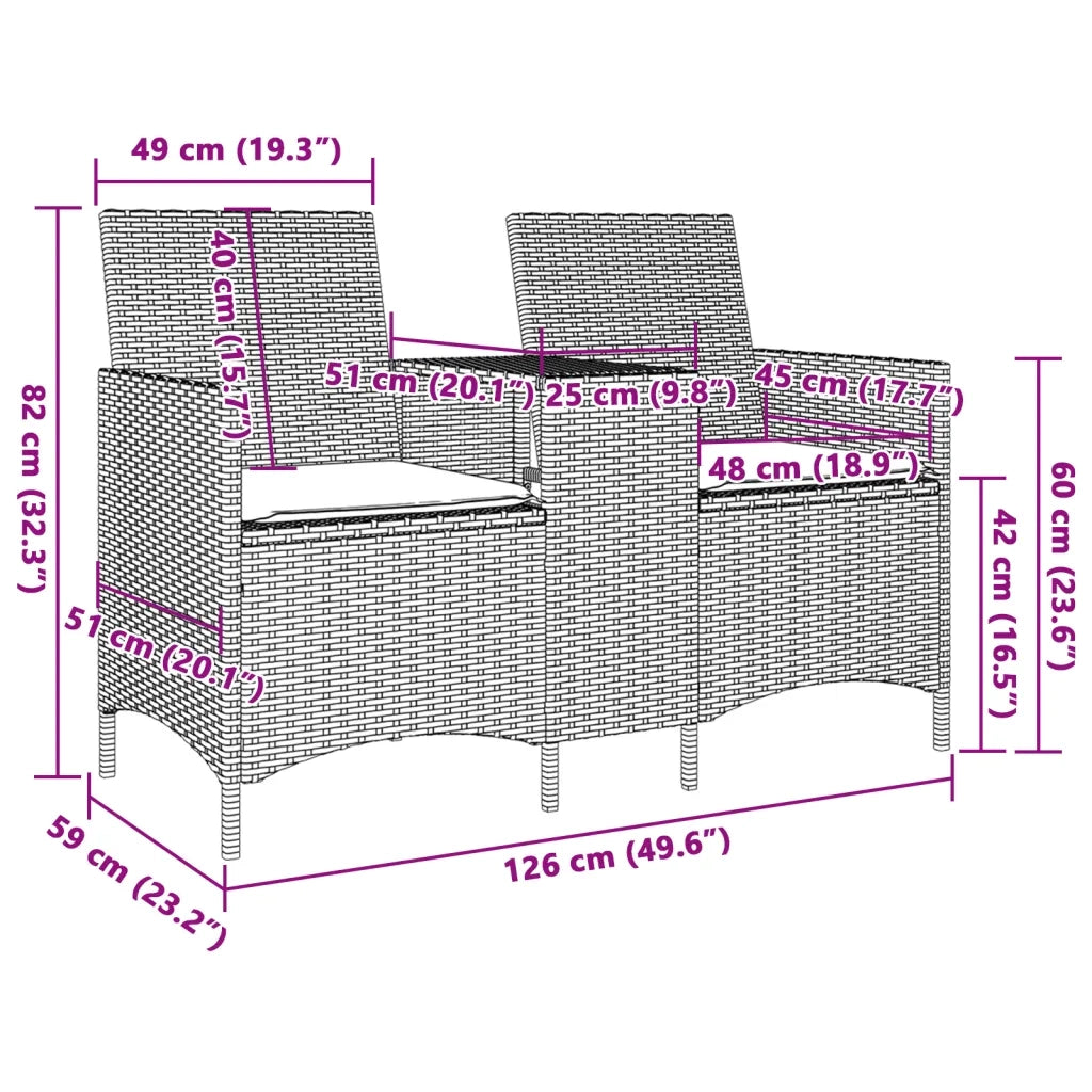 Divano 2 Posti con Tavolo e Cuscini-Sofa 2 Posti Grigio Chiaro Polyrattan