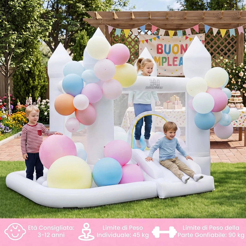 Castello Gonfiabile con Soffiatore, Trampolino, Scivolo, Piscina | Casa Gonfiabile per Interno ed Esterno con Canestro, 100 Palloncini e Borsa, per Bambini 3-12 Anni, 252 x 242 x 191,5 cm