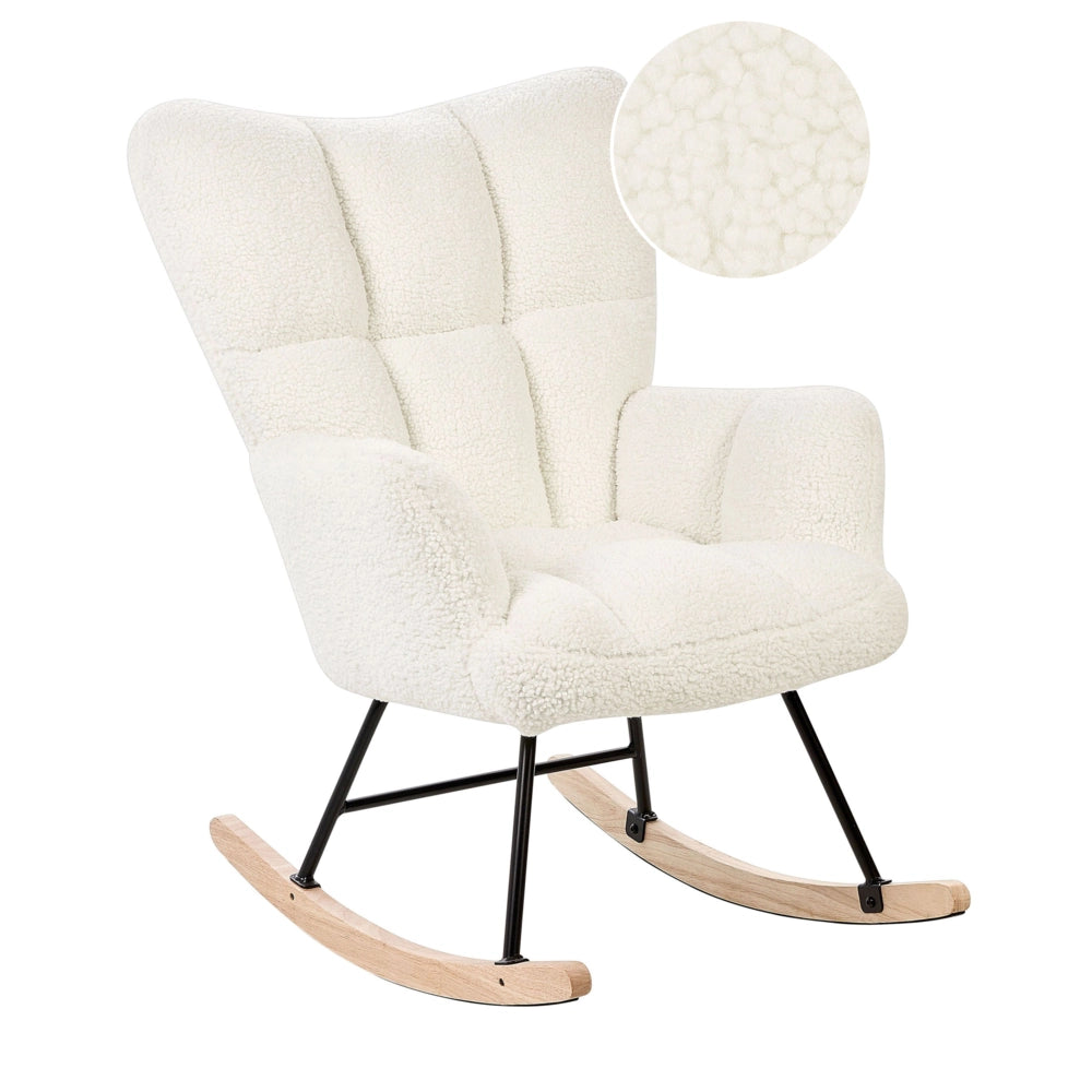 Sedia a dondolo Tessuto Boucle Bianco Rivestimento Gambe in legno  Moderna