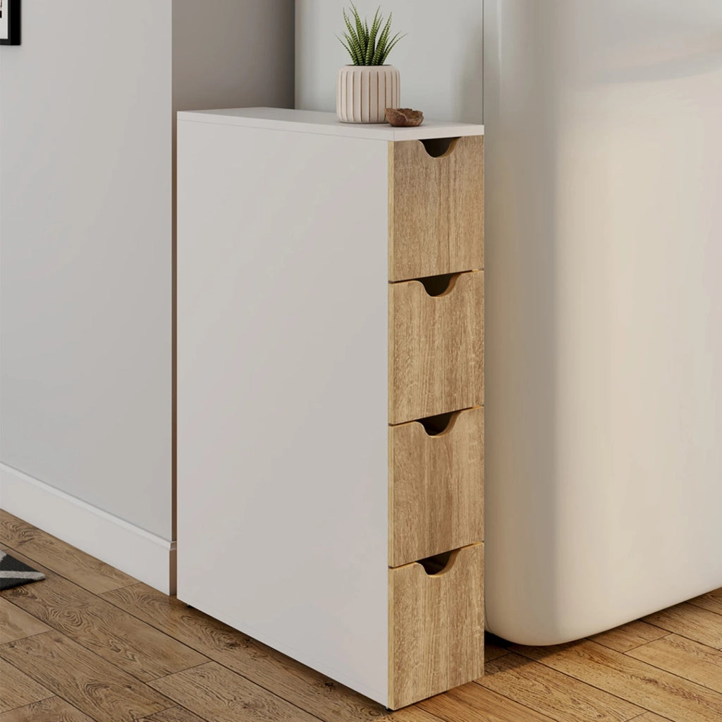 IDMarket - Colonna salvaspazio WILO a 4 cassetti su rotelle in look bianco e faggio