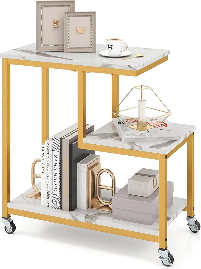 Tavolino a 3 Livelli, Tavolino Laterale a Forma di G con Ruote Bloccabili e Mensole Aperte, Tavolino Moderno da Salotto, Camera da Letto e Studio
