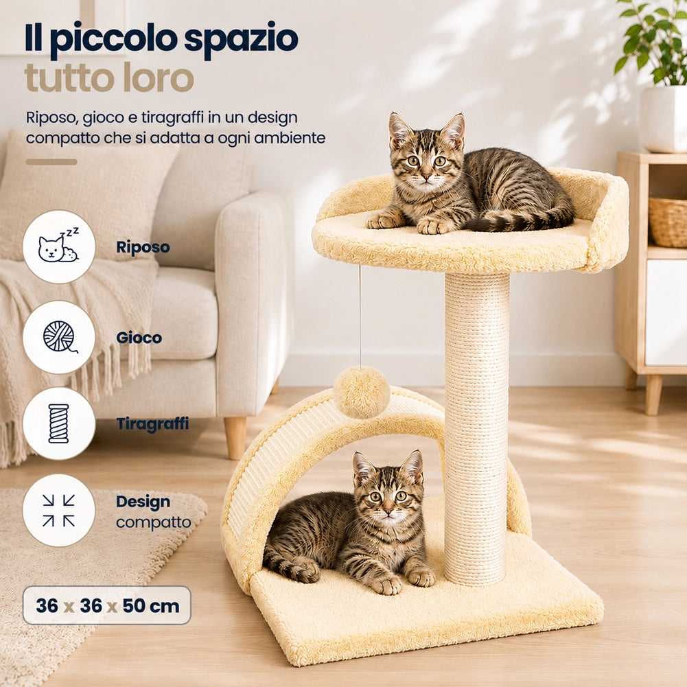 Tiragraffi Per Gatti Beige Con Gioco Pallina Palo 50cm Topolino Tunnel Soffice