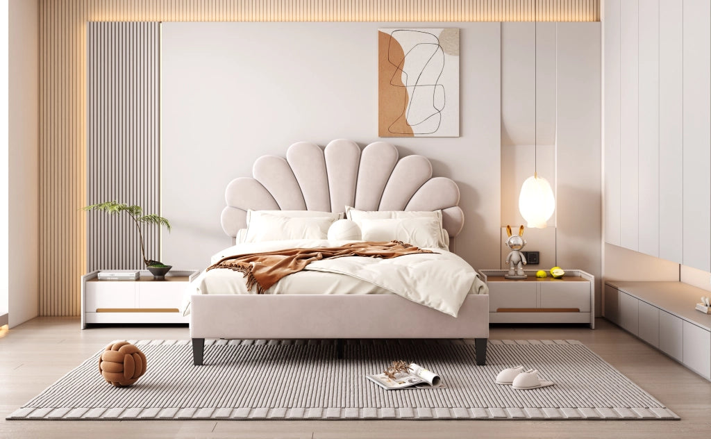DESMIU Letto Matrimoniale 2 Posti con Testiera Floreale, Struttura Imbottita, 140 × 200 cm, Senza Materasso, Beige