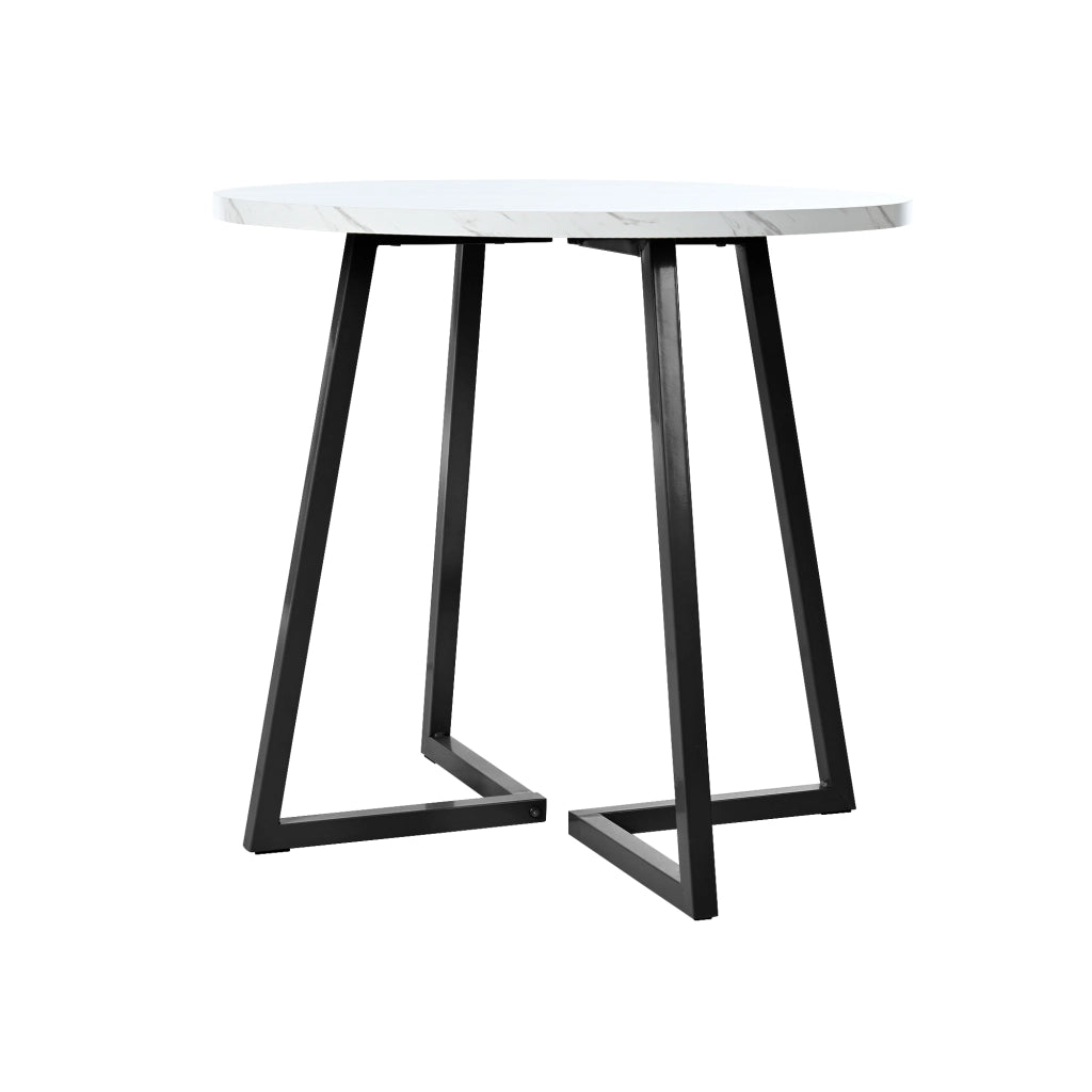 Tavolo da Pranzo Rotondo con Piedini Regolabili; Finitura Effetto Marmo; in MDF e Metallo; 80 x 80 x 75 cm; Bianco