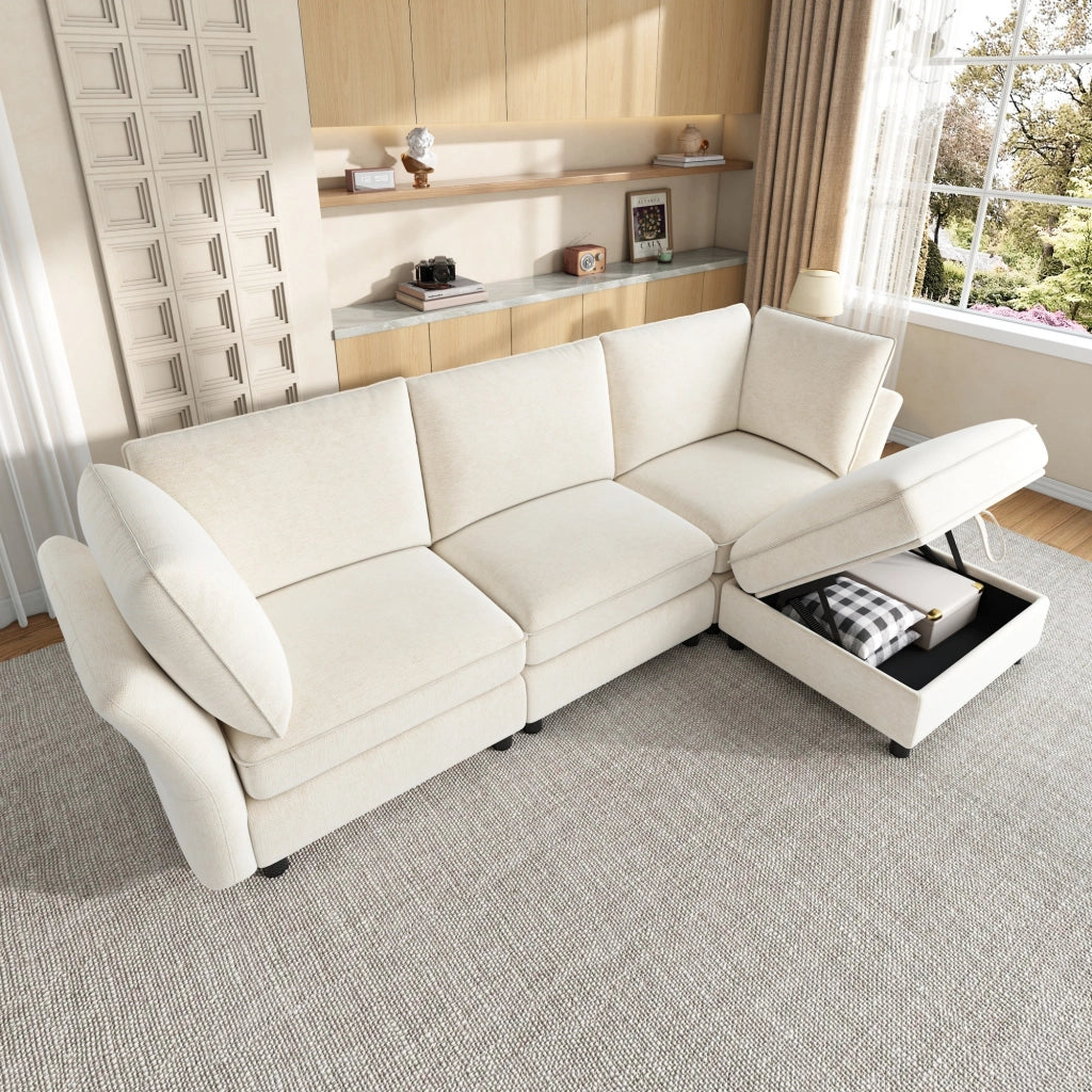 Divano modulare angolare 4 posti - con pouf contenitore e 2 cuscini - in chenille beige