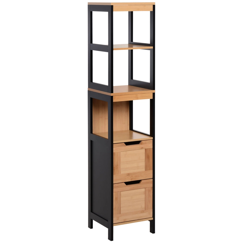 Armadio Bagno Alto con Ripiani e Cassetti ¨C Minimal ¨C 30x30x144 cm Nero e Naturale