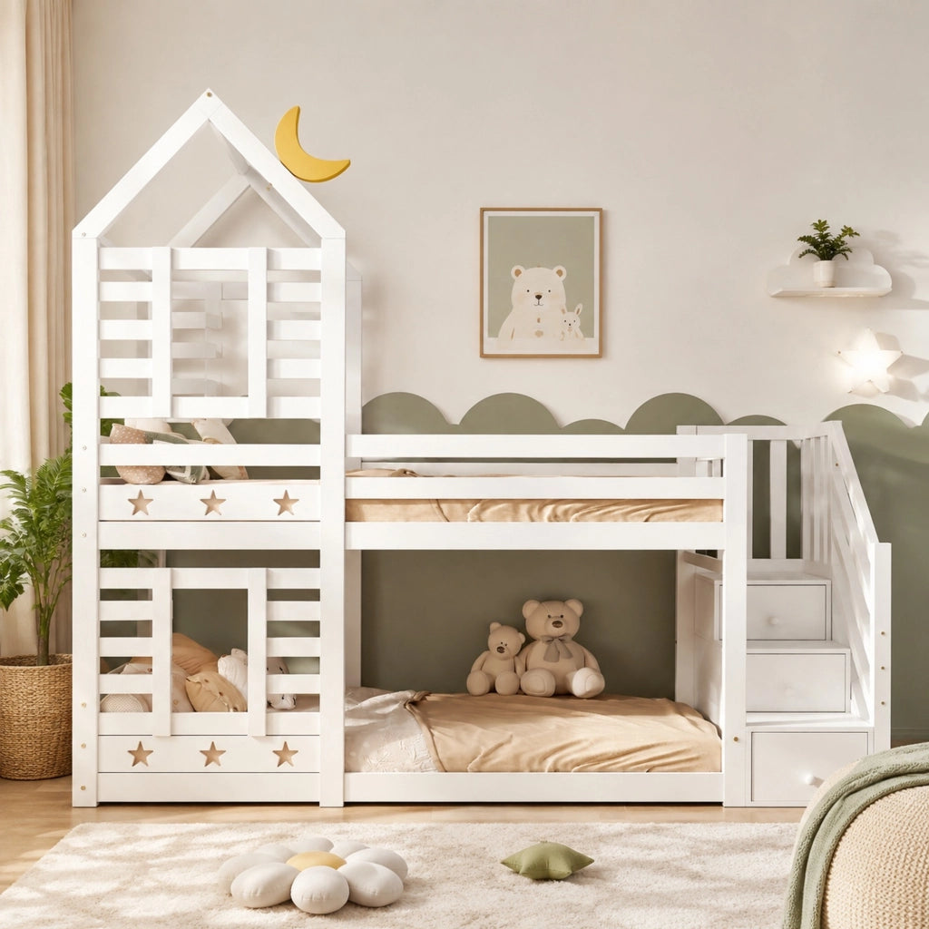 Letto a castello a casetta con scala contenitiva e cassetti, bianco, 90x200 cm