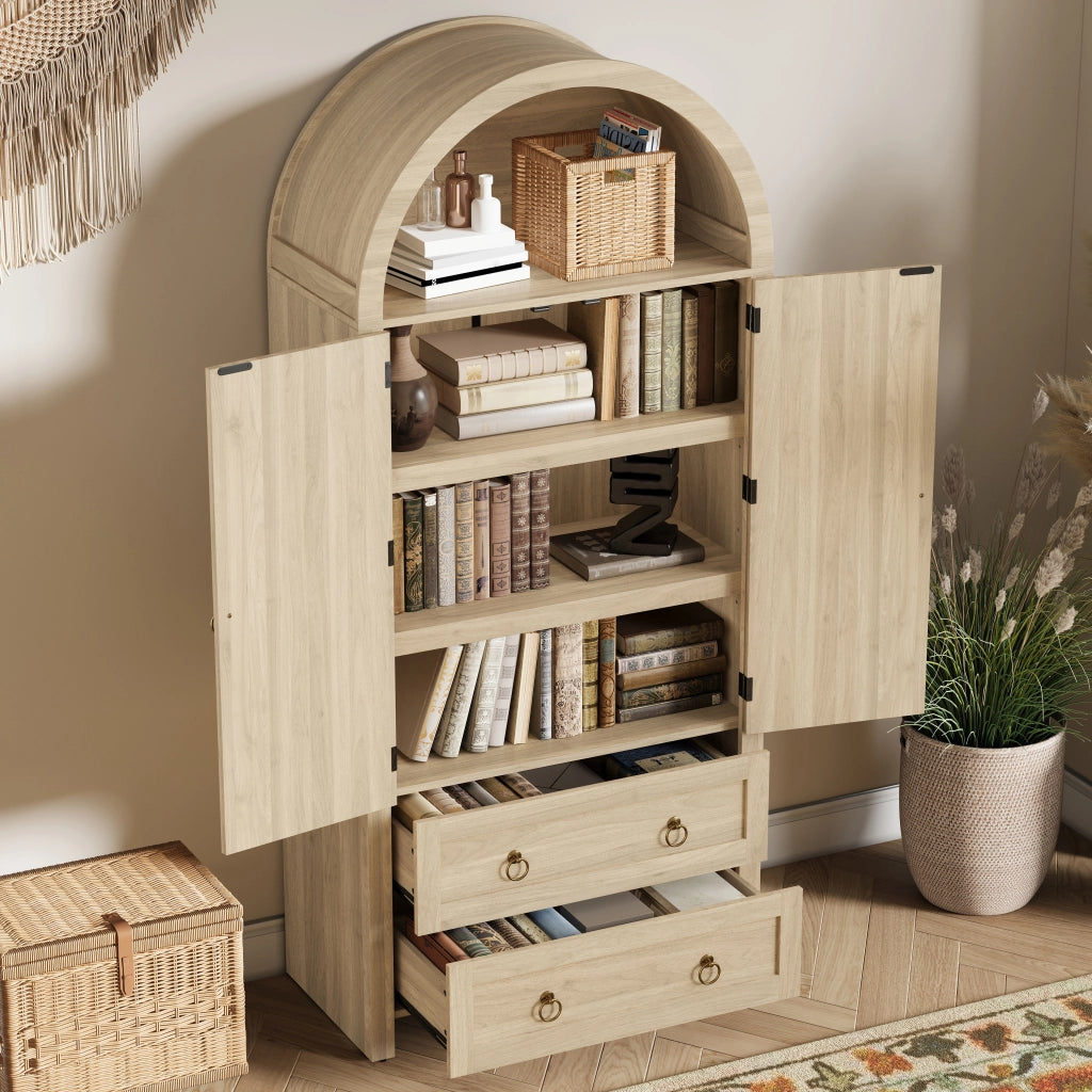 Credenza con ripiani aperti, armadietto con ante in rattan, doppi cassetti e ganci laterali, in MDF rovere