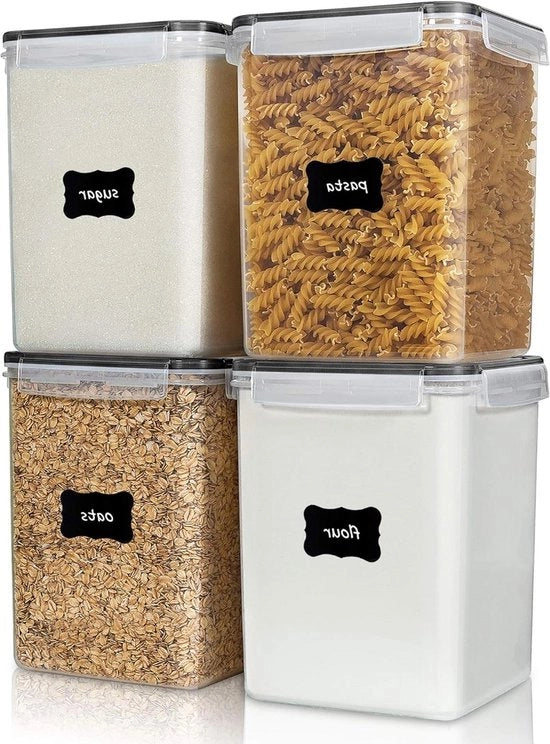 Set di contenitori per alimenti premium - 52 litri - Set da 4 pezzi - Plastica BPA libera - Per farina, zucchero, ingredienti da forno - Con misurini e etichette - Nero