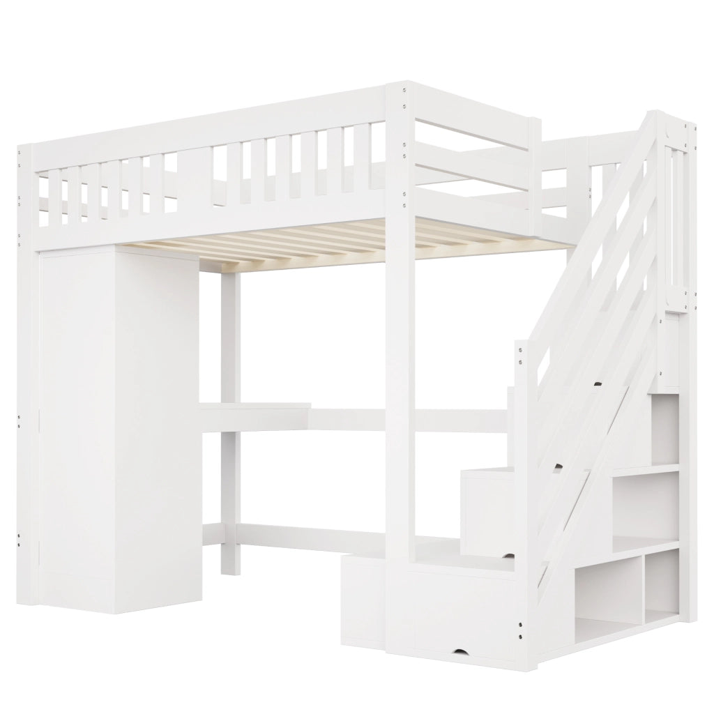 DESMIU Letto a soppalco 140 × 200 cm 2 posti con scala, scrivania, armadio, LED e panca contenitore, senza materasso