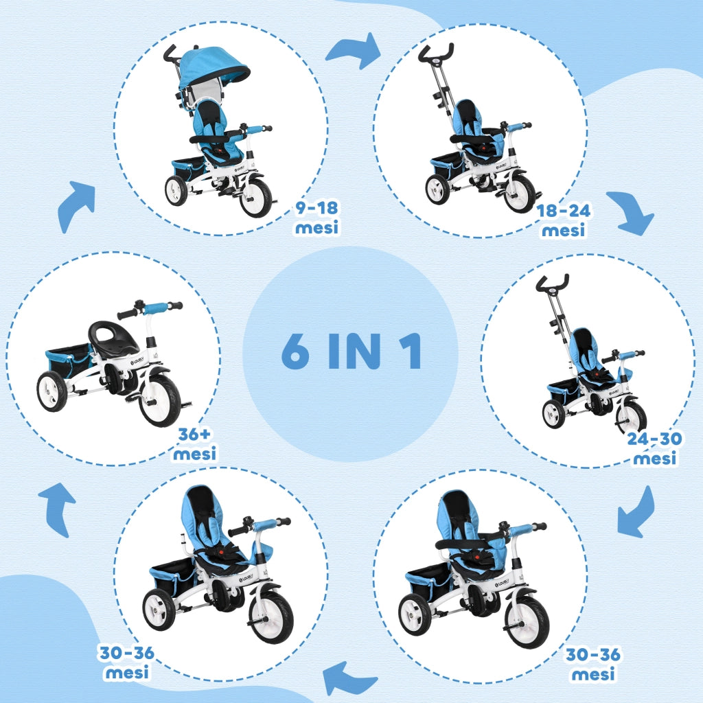 Triciclo 6 in 1 con Maniglione ¨C Xylo ¨C Tettuccio Regolabile, Cintura Sicurezza, Blu, 1-5 Anni