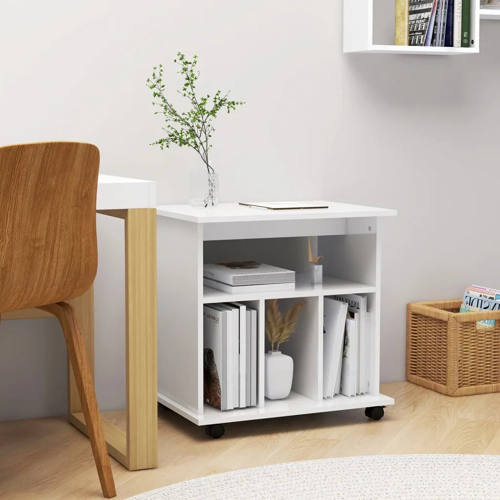 Mobiletto con Ruote Bianco Lucido 60x45x60 cm Legno Multistrato 808482
