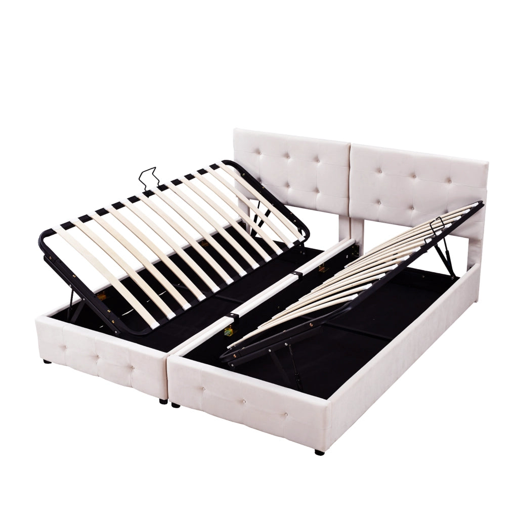 Letto imbottito matrimoniale 180×200 cm con contenitore idraulico; testiera regolabile; senza materasso; beige