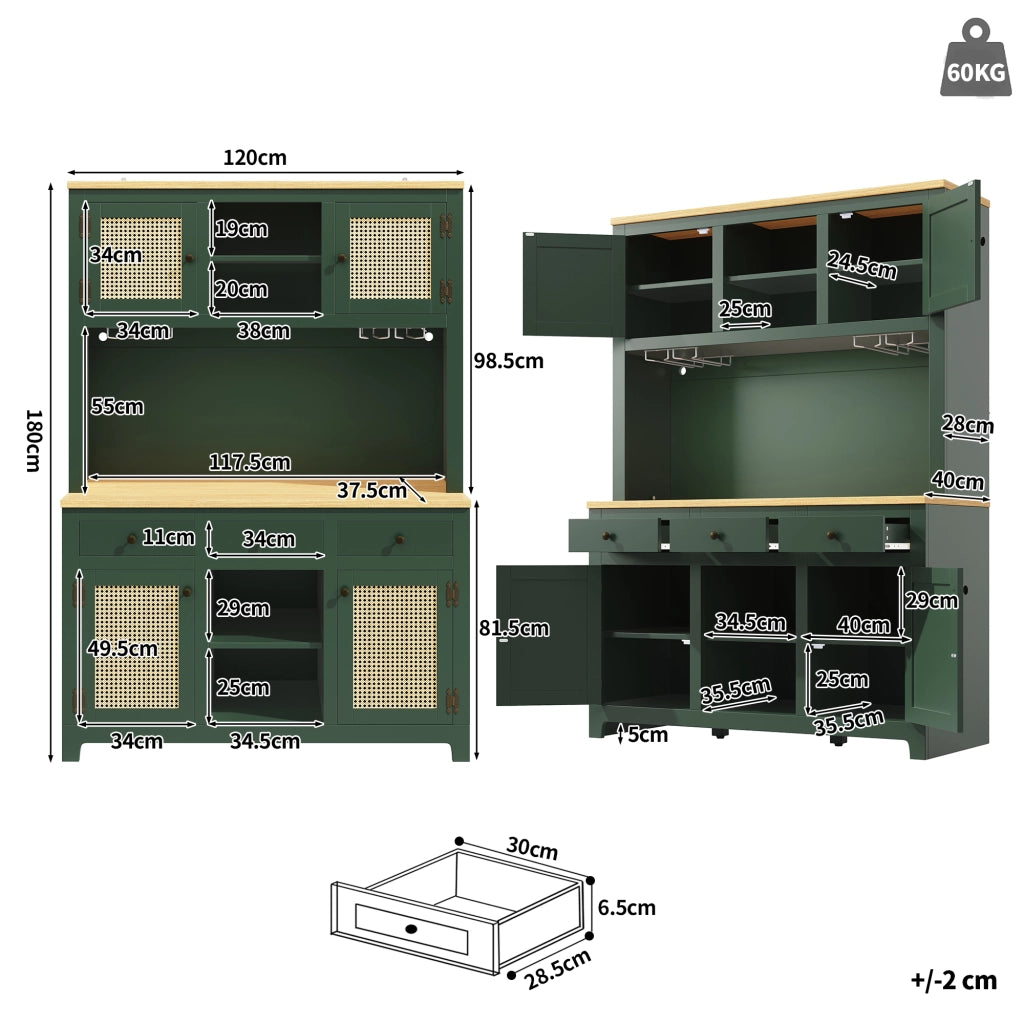 ARMADIO DISPENSA ALTO 120x40x180 cm MDF Verde Antico con illuminazione USB opzionale