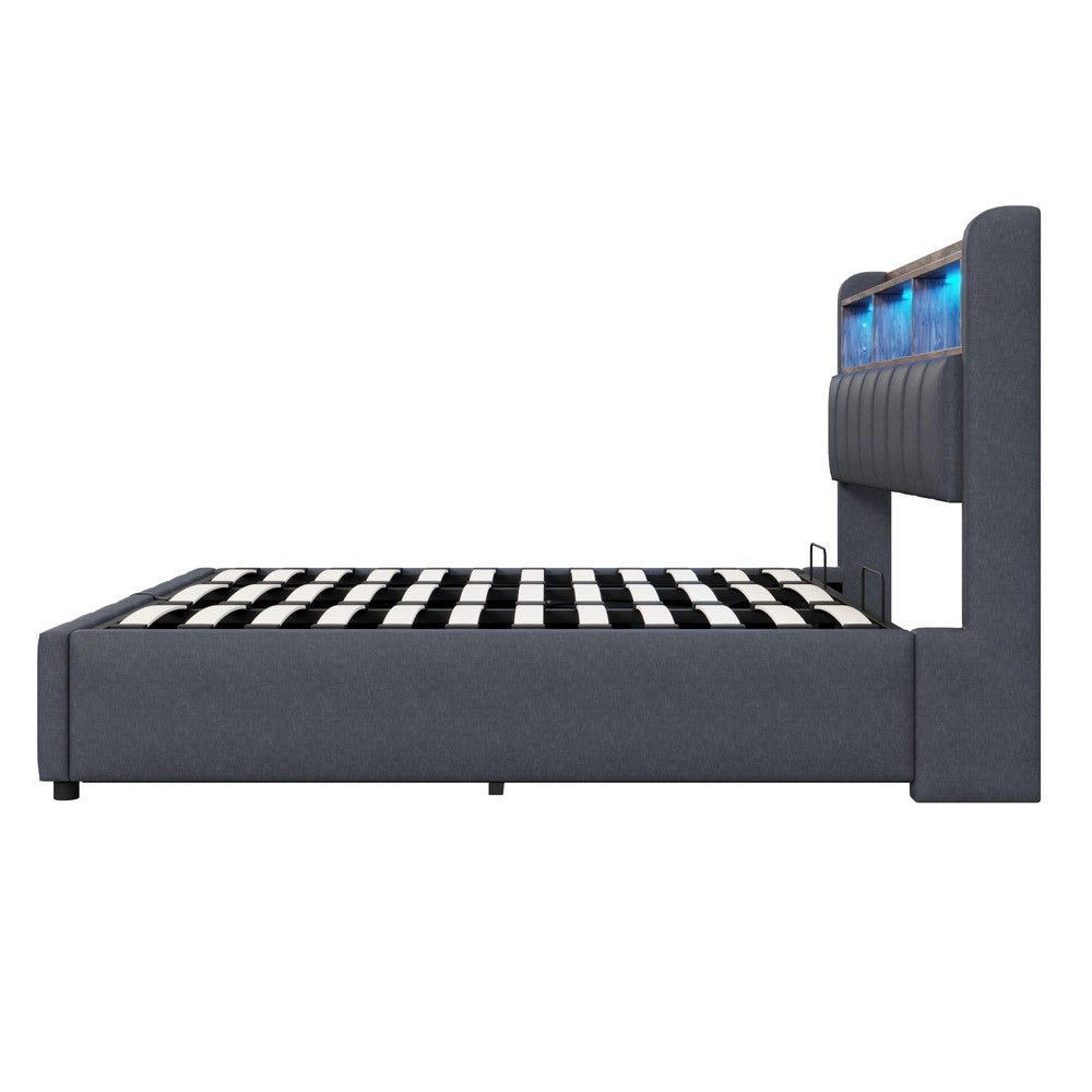 Letto Imbottito Matrimoniale con LED, USB, Contenitore Idraulico ¨C MINIMAL ¨C Tessuto Grigio 180x200