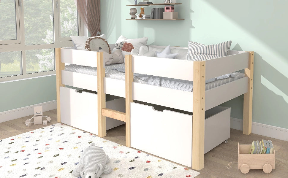 DESMIU Letto per bambini rialzato 1 posto con 2 cassetti e barriera 90 × 190 cm, senza materasso, legno massello bianco