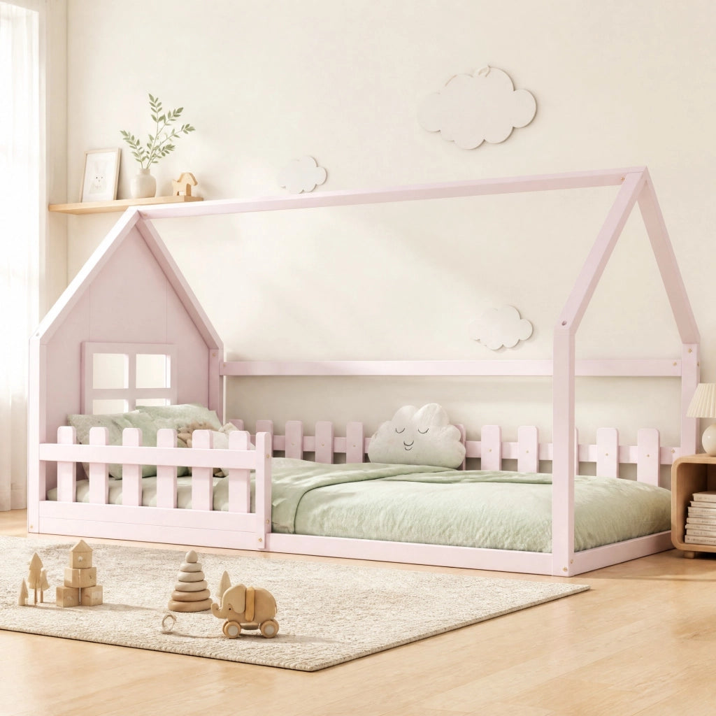 LETTO a casetta 90x200 cm in pino e MDF rosa