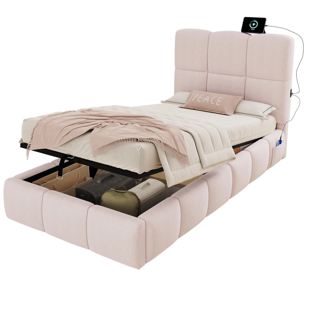 Letto singolo imbottito rosa con contenitore, rete a doghe e USB