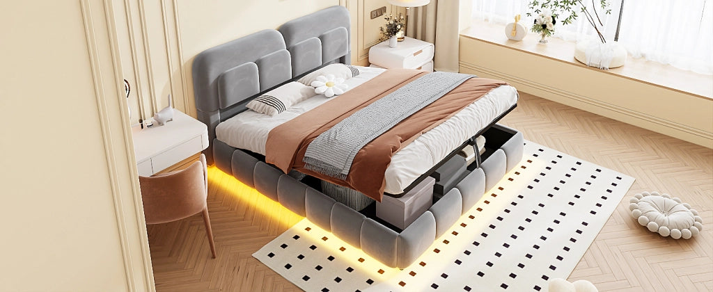 LETTO imbottito 140x200 cm in velluto grigio con contenitore idraulico e LED