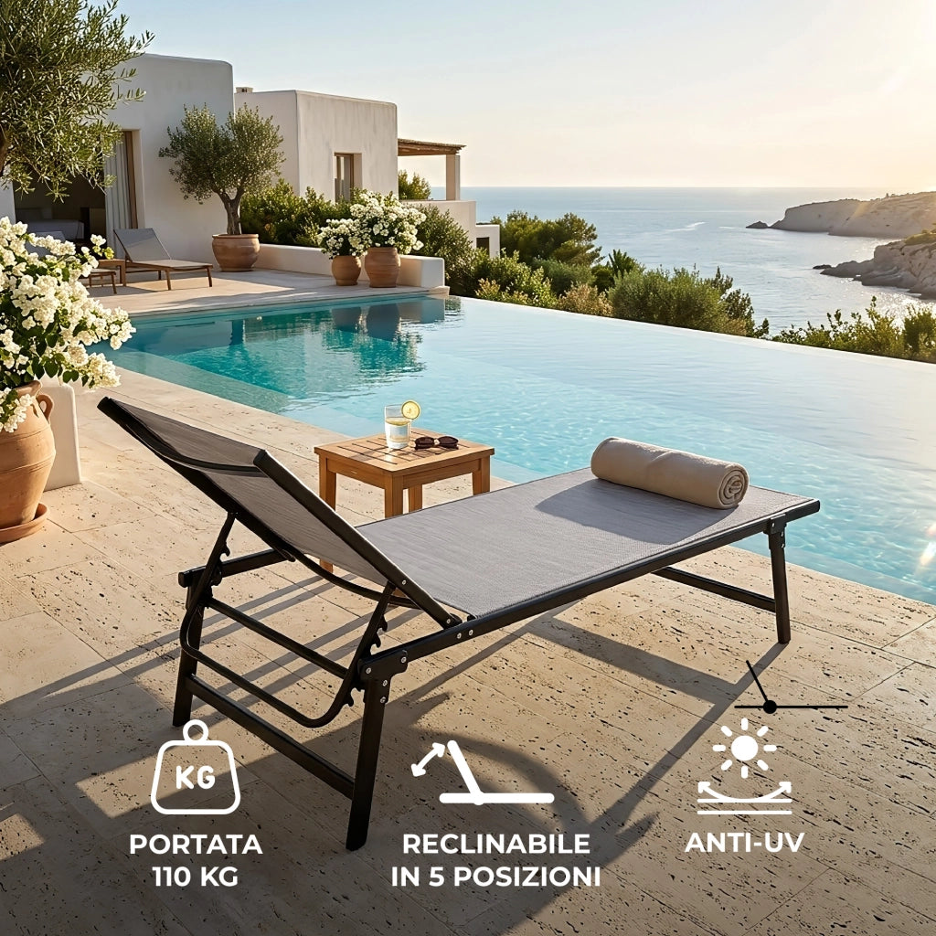 Lettino Prendisole Pieghevole Professionale in Acciaio e Textilene 182x63 cm – Schienale Regolabile 5 Posizioni, Struttura Robusta, Ideale per Giardino, Piscina e Relax Grigio