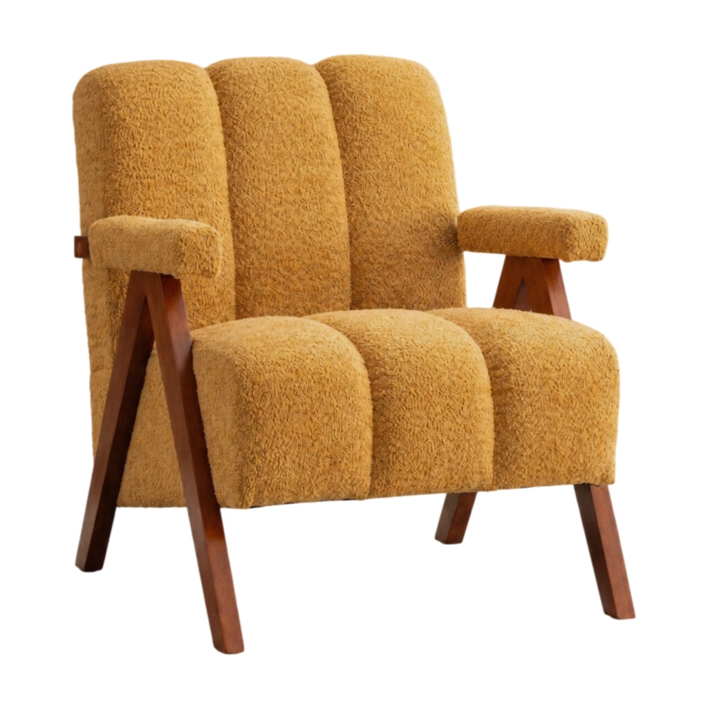 Poltrona con braccioli stile moderno e seduta imbottita per soggiorno in bouclé con struttura in legno giallo