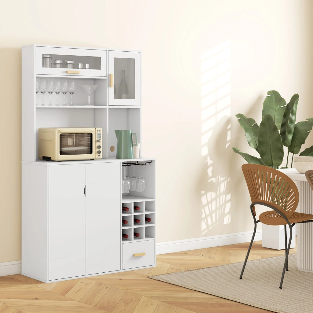 Mobile Dispensa con Portabottiglie, Armadietti, Ripiani e Cassetto, in Truciolato e Legno, 100x38x172 cm, Bianco