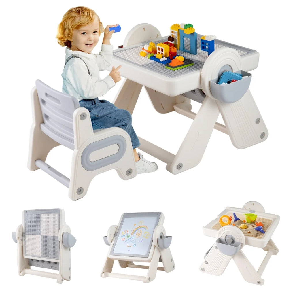 Set tavolo e sedie pieghevoli per bambini 82 x 67 x 58 cm 6 in 1 con contenitore design moderno in HDPE grigio 20_0017232