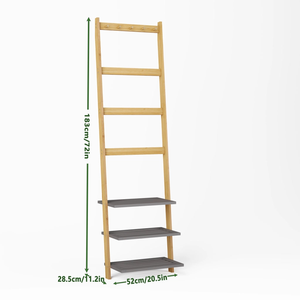 Scaffale a scala con ganci, barre e 3 ripiani in bambù naturale e ripiani grigi