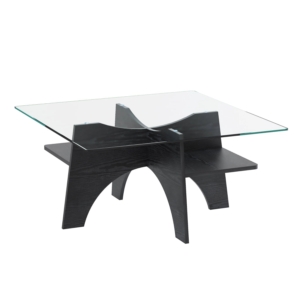 Tavolino/tavolino da caff¨¨ moderno di forma quadrata, realizzato in vetro temperato ¨C lati da 80 cm. Gambe in MDF con effetto legno nero. Ideale per s