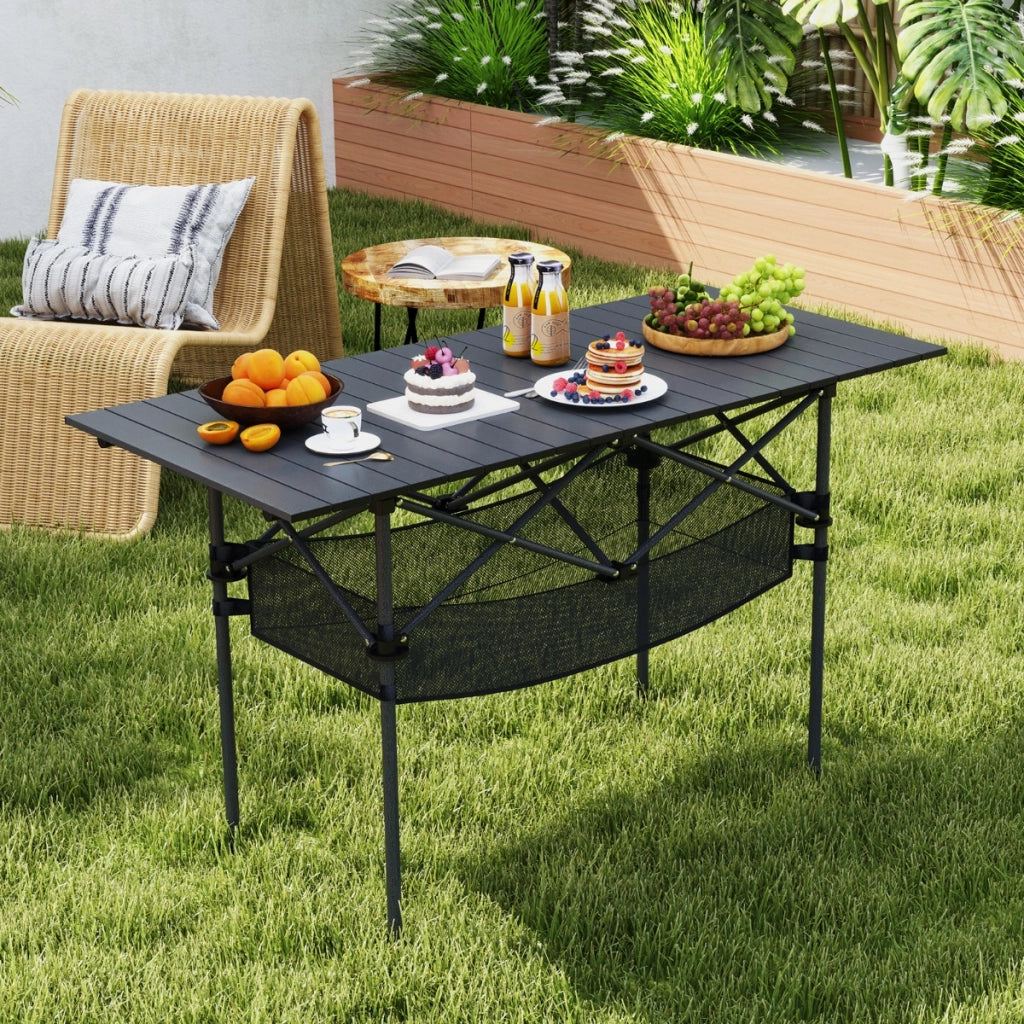 Tavolo da picnic portatile con piano in alluminio arrotolabile cestello in rete-Tavolo da campeggio pieghevole da esterno Nero
