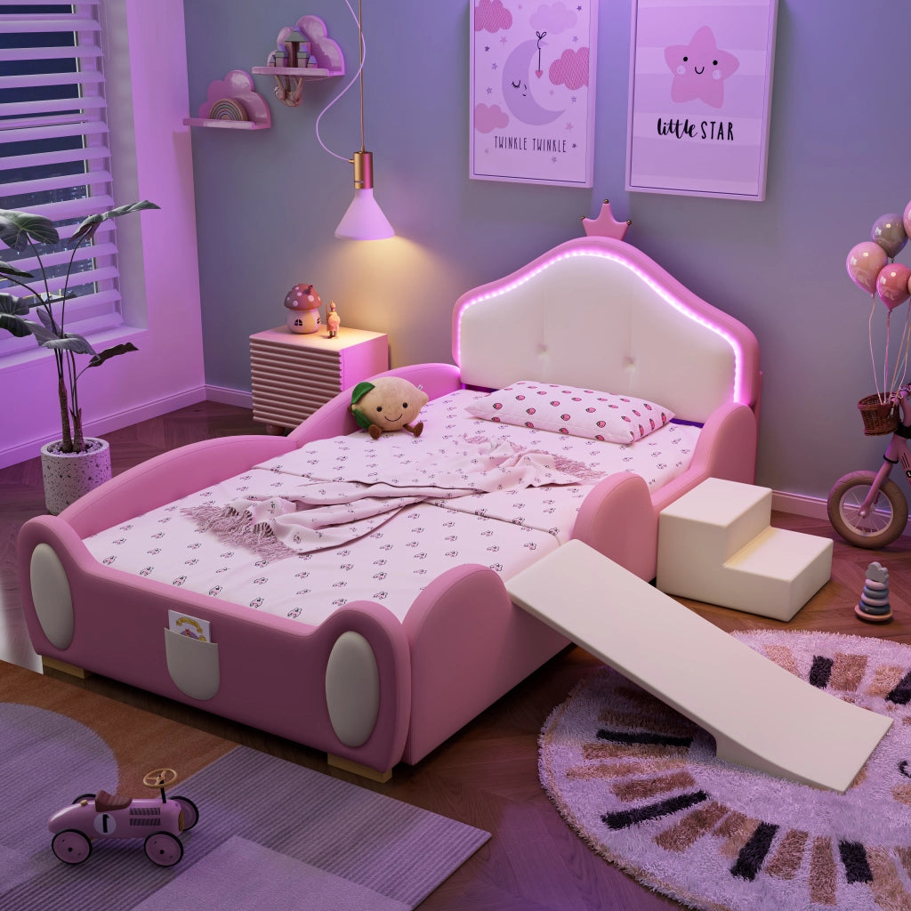 LETTO imbottito per bambini 90x200 cm PU rosa e beige con LED, scivolo e scala