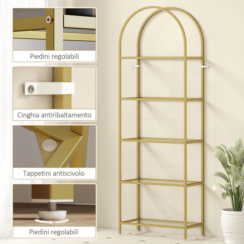 Scaffale Libreria Portaoggetti ad Arco 60x30x175 cm a 5 Ripiani in Acciaio e Vetro Temperato Oro