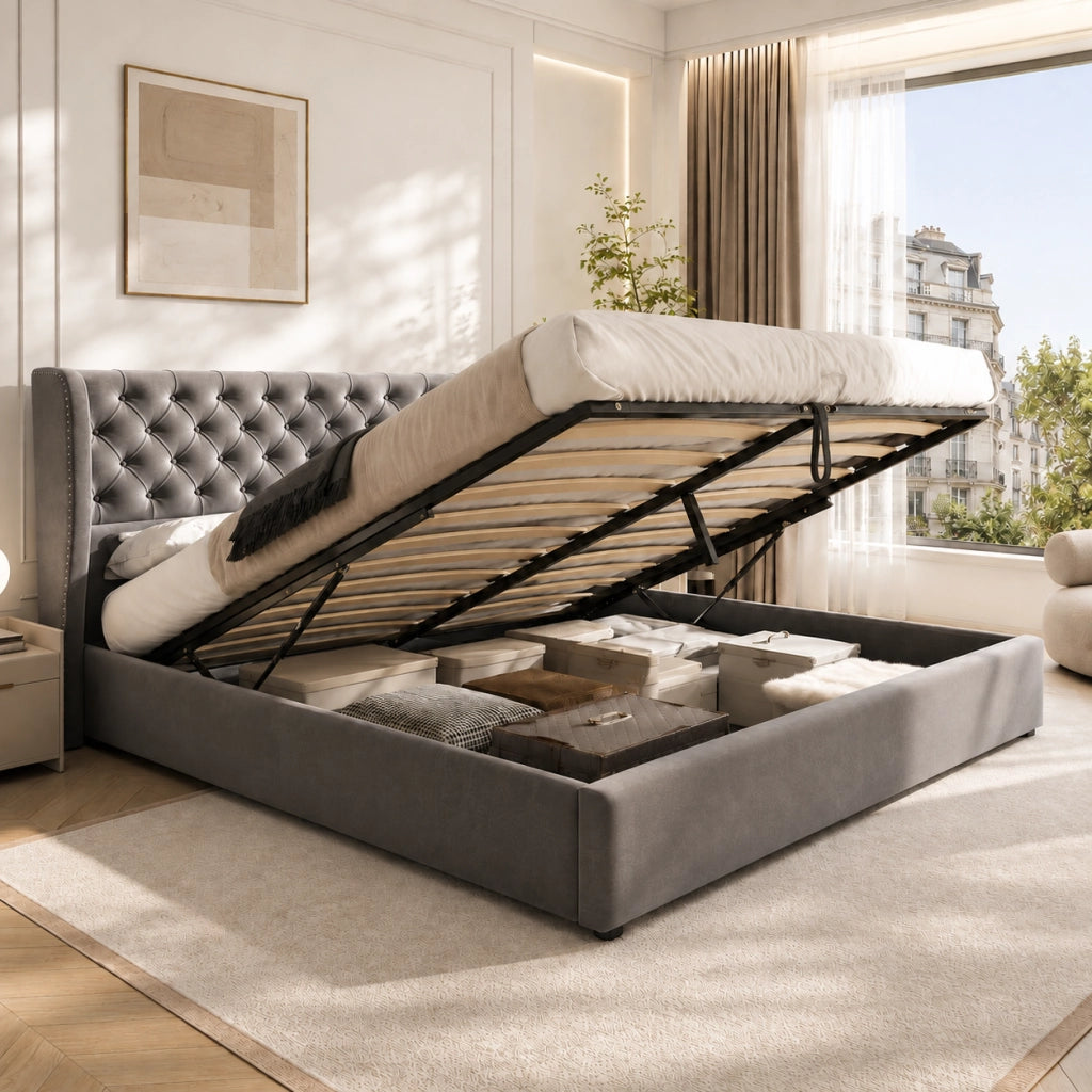DESMIU Letto Contenitore Letto Matrimoniale con Vano Idraulico 180 × 200 cm, senza materasso, in Velluto, Grigio